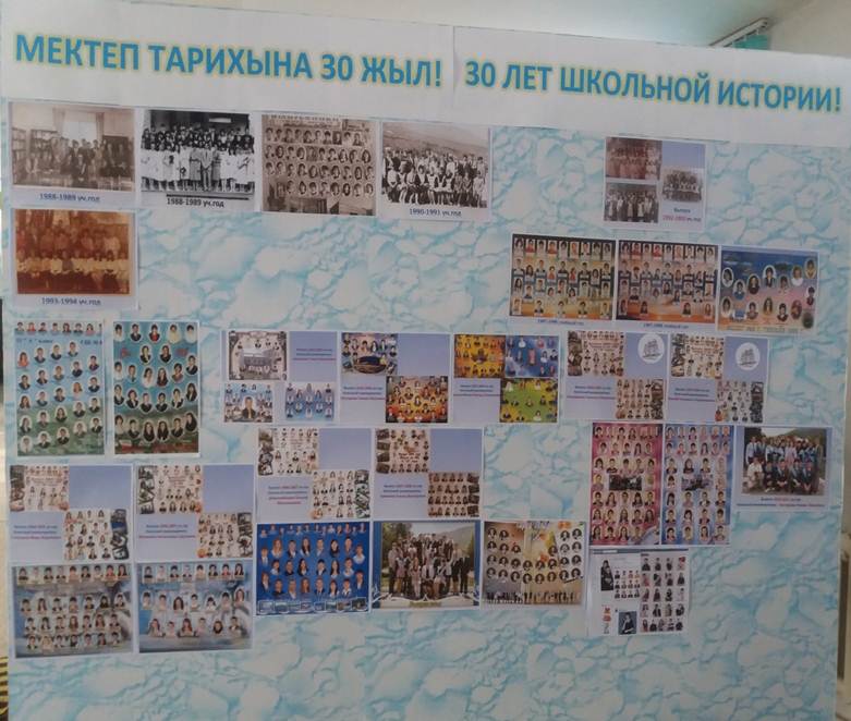 Мектебіміздің 30 жылдыға арналған стендті дайындау үстіндеміз. Идет подготовка стенда к 30-летию школы. 